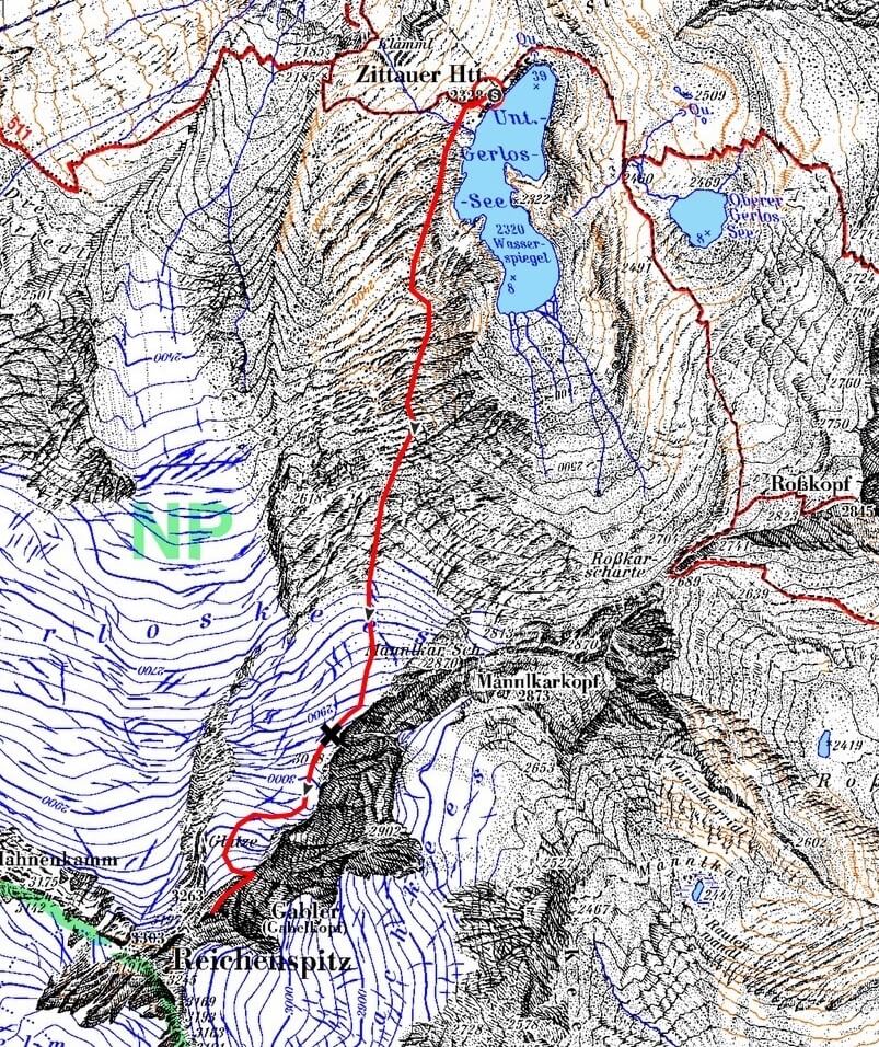 Abb. 1 Rot eingezeichnet der ungefähre Routenverlauf von der Zittauer Hütte zum Gabler. Das schwarze X markiert die ungefähre Absturzstelle des Seilersten auf 2940 Meter Seehöhe. Bild: Alpenvereinaktiv/Wolfgang Warmuth