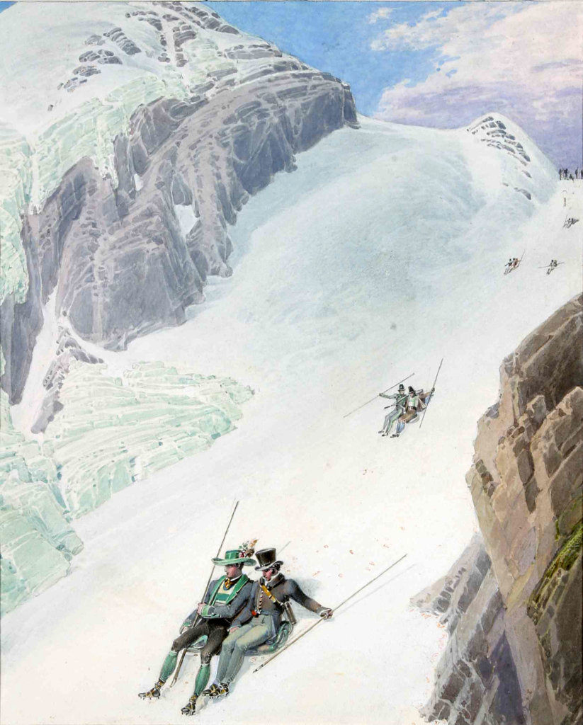 Abb. 13: Erzherzog Johann und der Maler selbst fahren mit Alpenstock und Sitzleder ein Schneefeld am Ankogel ab, Aquarell, Matthäus Loder, 1826 (Foto: Privatbesitz, Slg.EHJ VZ I/286)