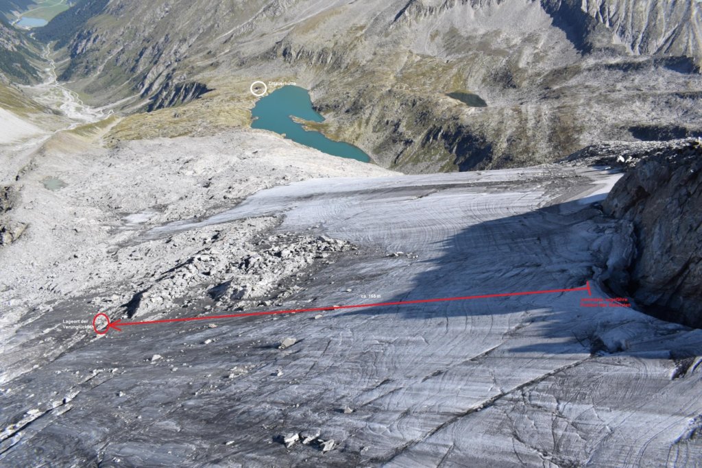 Abb. 6 Rot eingezeichnet die 165 Meter lange Sturzbahn der Seilschaft. Das Foto wurde von der Eiskrone oberhalb der Absturzstelle aufgenommen, Blickrichtung Nordosten. Weiß eingekreist die Zittauer Hütte.
